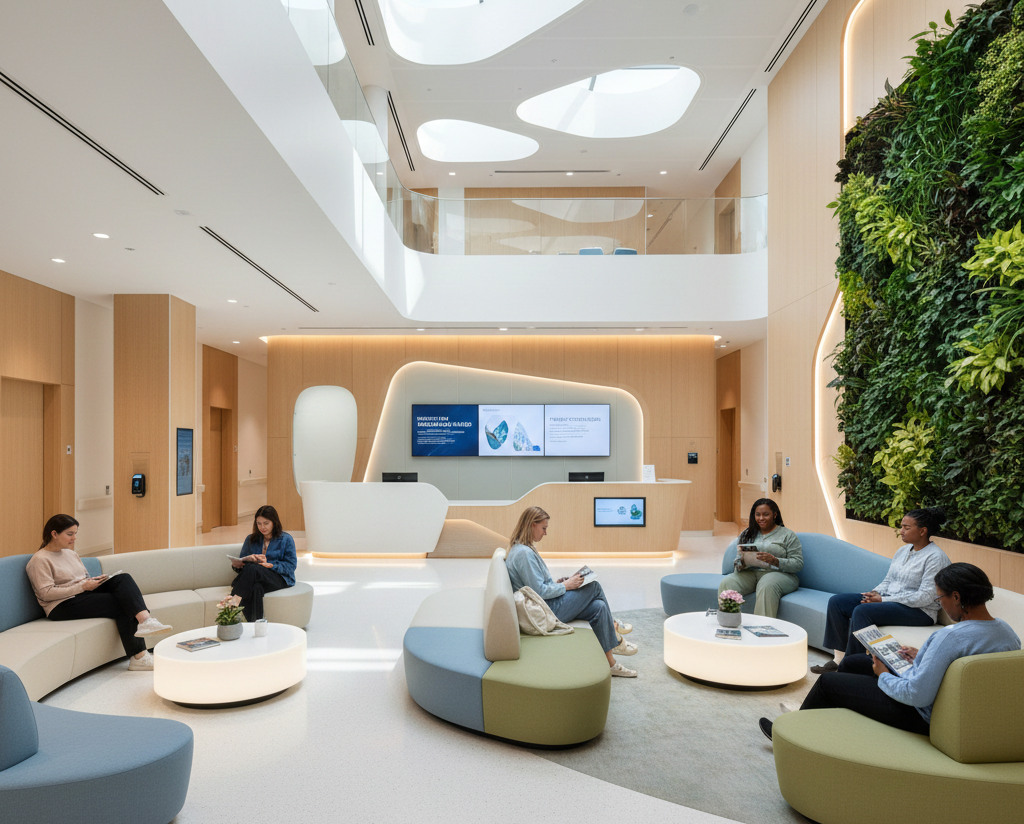 Modern medical centre with clinical departments, patient flow corridors, and specialist infrastructure